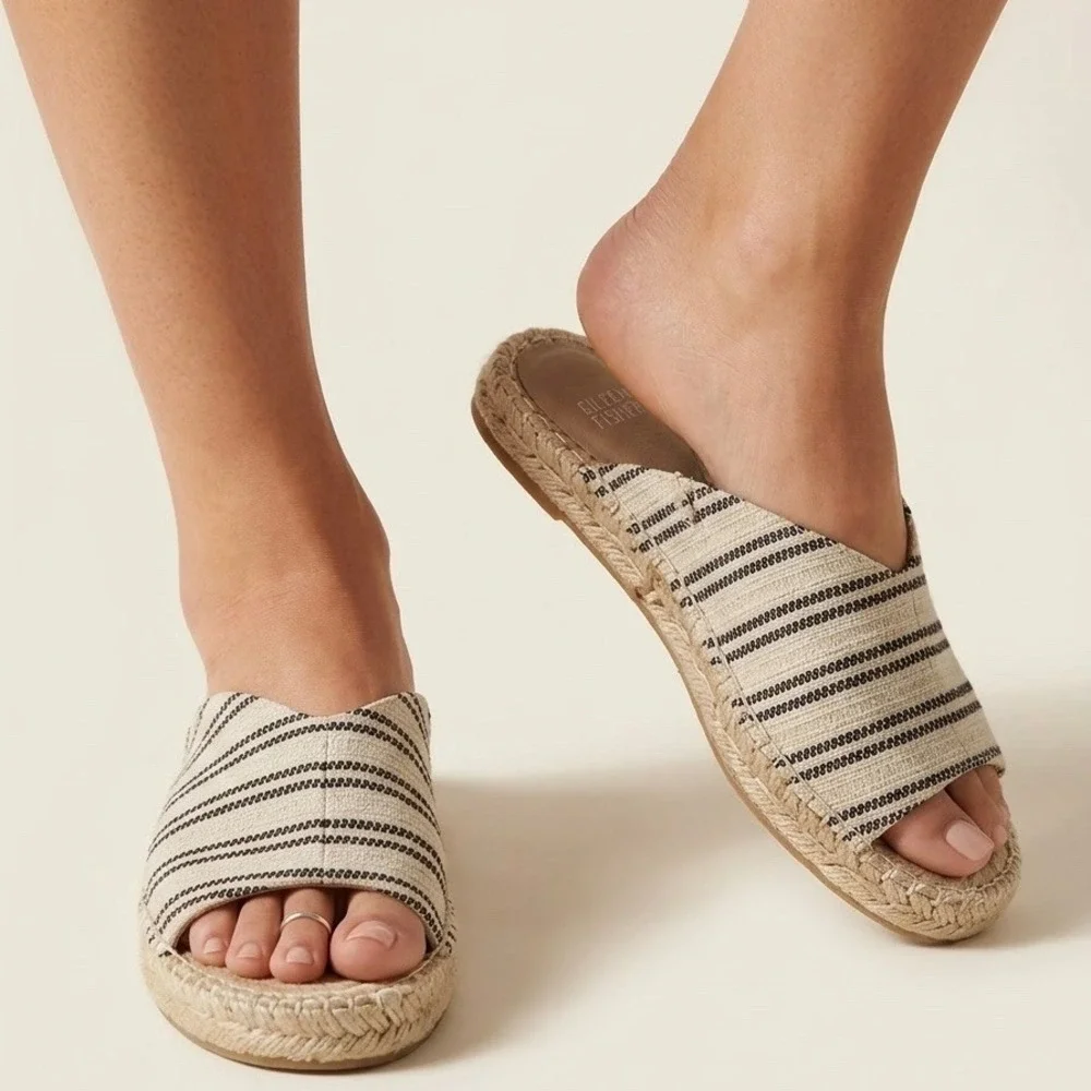 Eileen Fisher Milly Womens Striped Espadrille Slide Sandals Black Beige 6 NWOT